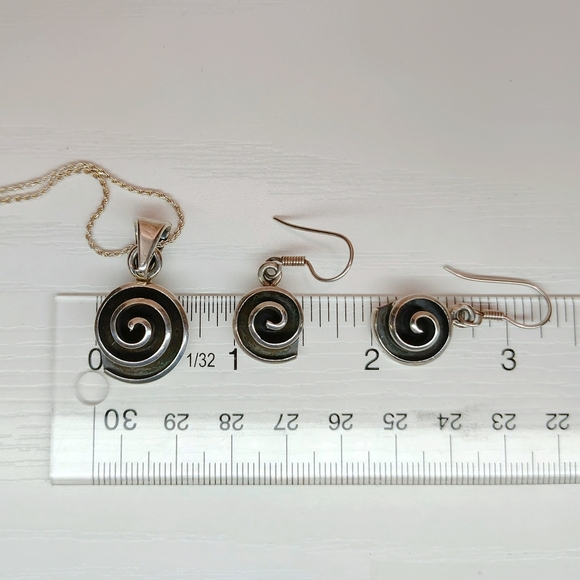 Vintage Mexico Sterling Silver Modernist Spiral Pendant Necklace Earring Set 20" - Picture 6 of 15